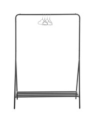 Rack with clothes hangers on white background