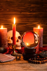 Accessories of fortune teller on table