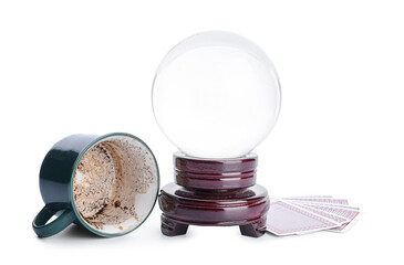 Accessories of fortune teller on white background