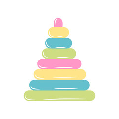 Hand drawn children's plastic toy pyramid isolated on a white background. Illustration in a simple flat style. It can be used for decoration of textile, paper and other surfaces.