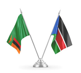 South Sudan and Zambia table flags isolated on white 3D rendering