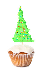 Tasty Christmas cupcake on white background