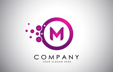 M Letter Logo with Purple Dots, Bubble in a circle. Purple,Pink, Magenta Bubble Design Vector Illustration.