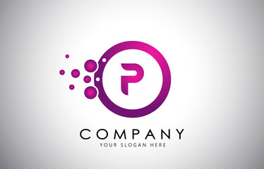 P Letter Logo with Purple Dots, Bubble in a circle. Purple,Pink, Magenta Bubble Design Vector Illustration.