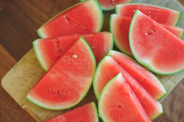 Bright red fresh watermelon slices top view.