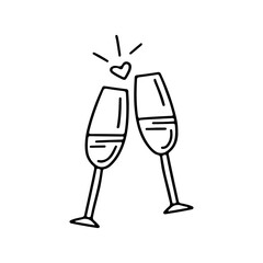Hand drawn Valentines day glasses of champagne with a heart in doodle style isolated on white background. Vector outline illustration. Design for greeting card, banner, web, sticker