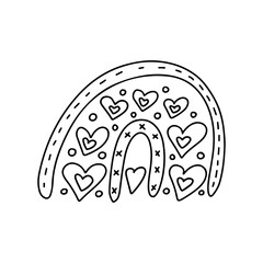 Hand drawn Valentines day boho rainbow with a heart in doodle style isolated on white background. Vector outline illustration. Design for greeting card, banner, web, sticker, coloring book