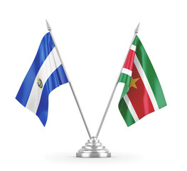 Suriname and El Salvador table flags isolated on white 3D rendering