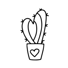 Hand drawn Valentines day cactus in pot with a heart in doodle style isolated on white background. Vector outline illustration. Design for greeting card, banner, web, sticker