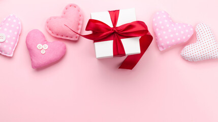 Valentines day with handmade craft hearts and gift box