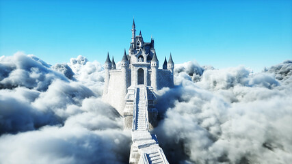 Fairytale palace in clouds. Aerial view. Overclouds. 3d rendering © 3D motion