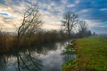 Nebeliger Morgen am Canal Rhone au Rhin im Elsass