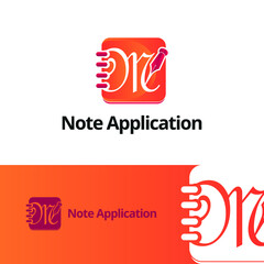 Letter M on book note and note pad with pen for writing logo concept design