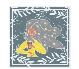 Modern portrait of a woman drinking coffee with chamomile. Against the background of snow patterns. Flat. Vector illustration.