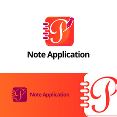 Letter P on book note and note pad with pen for writing logo concept design