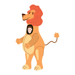 Obraz premium Actor in animal Lion costume. Theme party, Birthday kid, children animator, entertainer wearing performer character for holiday masquerade, carnival. Vector cartoon