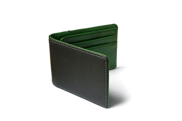 Blank green and black wallet isolated on white background . Open wallet . 