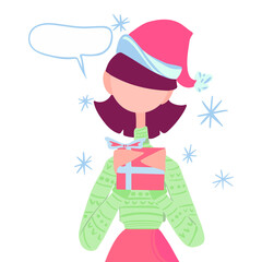 Happy young women New Year or Christmas vector illustration. Girl in a Santa's hat with a gift box and a speech bubble for message. Holiday background in cartoon flat style. Female avatar.