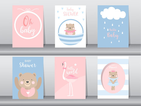 Set of baby shower invitation cards,poster,template,greeting,cute,bear,animal,Vector illustrations