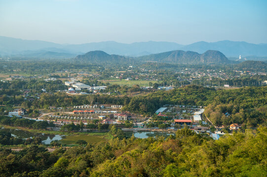 Top view of the suburb of Chiang Rai city from Wat Phra That Doi Khao Kwai the best spot for see panoramic view of Chiang Rai cityscape.