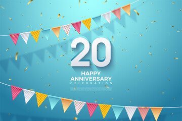 20th Anniversary background with numbers and two rows of colorful flags above and below it.