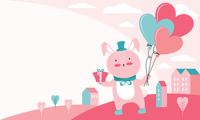 Happy valentine's Day horizontal banner or card. Pink rabbit with gift and balloons in form of heart on the background of a urban landscape. Cartoon character animal in love. Bunny with valentine.