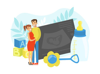 Happy Pregnant Woman and Man Expecting Baby Standing Together Vector Illustration