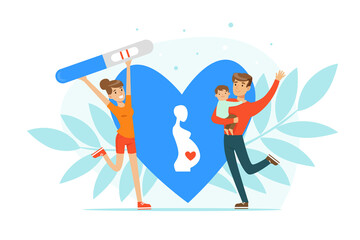 Happy Man and Woman Rejoicing Because of Positive Pregnancy Test Vector Illustration