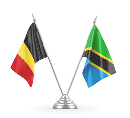Tanzania and Belgium table flags isolated on white 3D rendering 