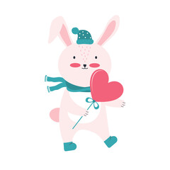 Happy Valentine's day greeting card or banner. Cute pink rabbit with big red heart. Cartoon character animal in love. Happy romantic bunny with valentine card. Declaration of love. Vector illustration
