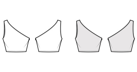 One-shoulder crop top tank technical fashion illustration with fitted slim body, waist length. Flat outwear shirt apparel template front, back, white grey color. Women, men unisex CAD mockup