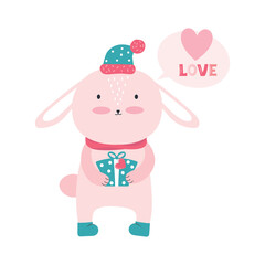 Obraz na płótnie Canvas Happy Valentine's day greeting card or banner. Pink rabbit declares his love and gives a gift. Cartoon character animal in love. Happy romantic bunny with valentine card. Vector flat illustration