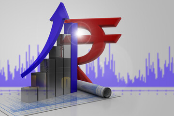 3d illustration of business graph with dollar. double exposure effect