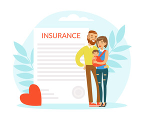 Young Man and Woman Holding Little Baby in Arms with Insurance Document Behind Vector Illustration