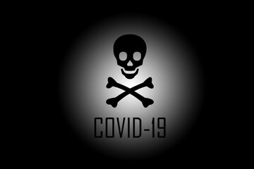 Totenkopf und COVID-19 auf schwarzen Hintergrund
