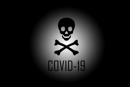 Totenkopf und COVID-19 auf schwarzen Hintergrund