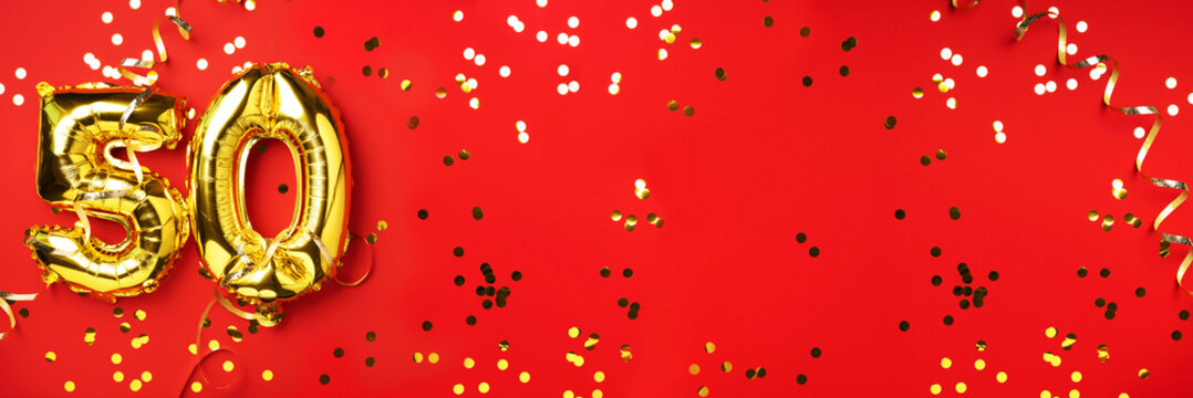 Gold foil balloon number, digit fifty. Birthday greeting card with inscription 50. Anniversary celebration event. Banner. Golden numeral, red background. Numerical digit, light bokeh, glitter.