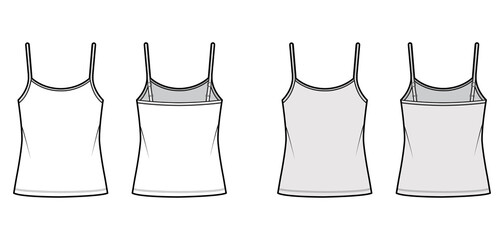 Camisole scoop neck cotton-jersey top technical fashion illustration with thin adjustable straps, oversized. Flat outwear tank template front, back, white, grey color. Women men unisex CAD mockup