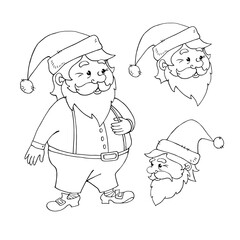 Santa Claus. Vector contour hand drawn illustration. New year and Christmas outline characters in doodle style, sketch. For greeting cards, calendars, prints, children's coloring book