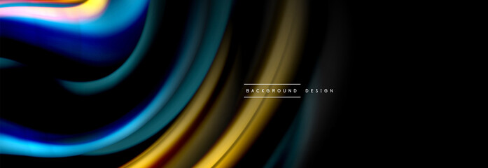 Dynamic motion abstract background. Color blurred stripes on black. Wave liquid lines poster. Vector illustration