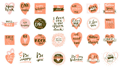 Naklejka premium Set of Boho Love hand drawn logos. Valentines Day quotes for Bohemian style badges, postcards, photo overlays, greeting cards, T-shirts, prints in retro style. Vintage calligraphic vector illustration