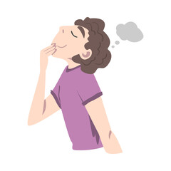 Young Man Looking Up Dreaming and Fantasizing Imagining Something in His Head Vector Illustration