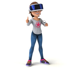 Fun 3D Illustration of a teenage girl with a VR Helmet