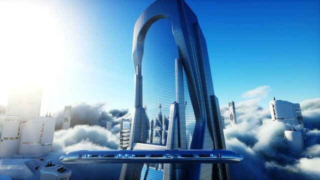 Futuristic sci fi city in clouds. Utopia. concept of the future. Flying passenger transport. Aerial fantastic view. Realistic 4k animation.