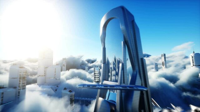 Futuristic sci fi city in clouds. Utopia. concept of the future. Flying passenger transport. Aerial fantastic view. Realistic 4k animation.