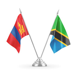 Tanzania and Mongolia table flags isolated on white 3D rendering