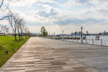 A city park along the Huangpu river in Shanghai, China.