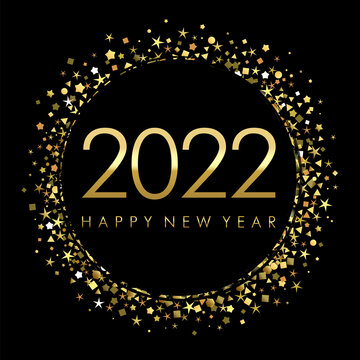 2022 A Happy New Year symbol concept. Round logotype. Abstract isolated graphic design template. Gold coloured numbers. Christmas creative decoration. Golden snowy ball and shiny glittering digits.