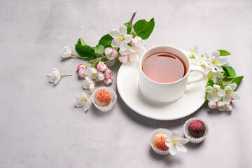Obraz na płótnie Canvas A cup tea candy truffle made of various chocolate white om concrete background