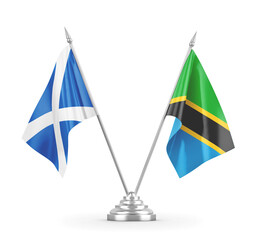 Tanzania and Scotland table flags isolated on white 3D rendering